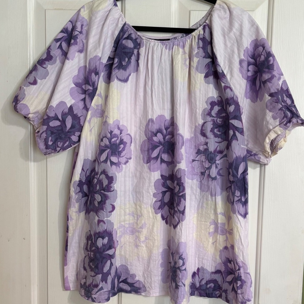 Lane Bryant Blouse Womens 18/20 Purple Excellent Floral Puff Sleeve Peasant Top